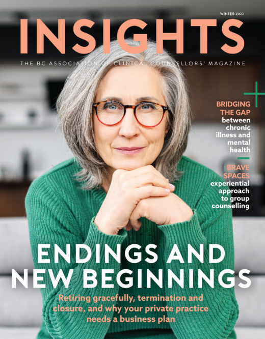 cover of Insights Magazine's Winter 2022 issue, features a woman of retirement age looking straight on, with the title Endings and New Beginnings